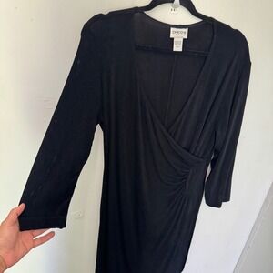 Vintage Chicos Travelers Black Faux Wrap Dress 3/4 Sleeve Ruched Midi Sz2 Large